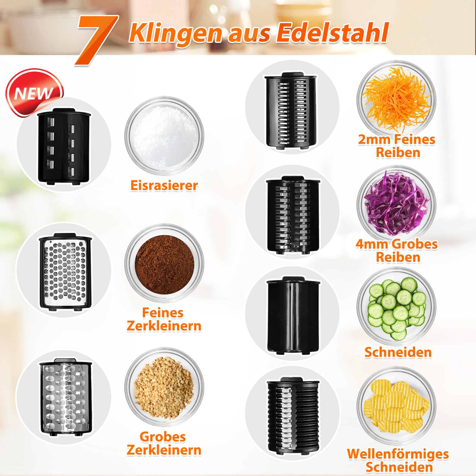 Anatole Gemüseschneider Elektrisch Ice Crusher 7 Klingen Gemüsehobel Eisrasierer Edelstahl 250W Großkaliber Käsereibe Multifunktional 220V EU-Stecker 4