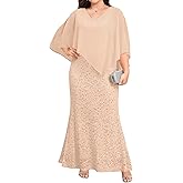 Plus Size Formal Dress - Evening Sequin Lace Long Mermaid Prom Dress with Chiffon Overlay Cape