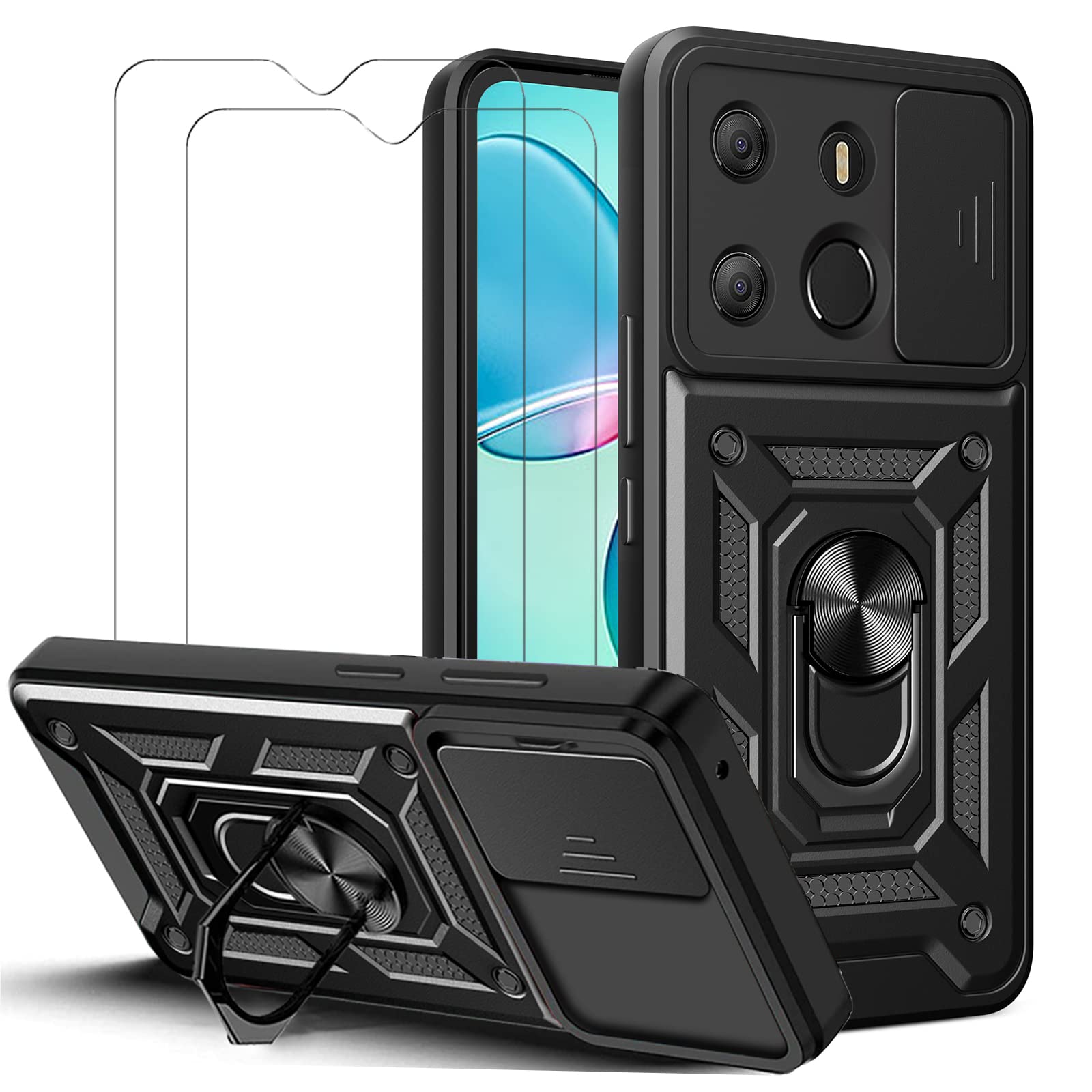 MMlife for Tecno Pop 7 Pro/Tecno Spark Go 2023 Case with Camera Cover and Stand Kickstand Ring with Tempered Glass Screen Protector [2 pieces],Military Grade Shockproof Protective Cover, Black