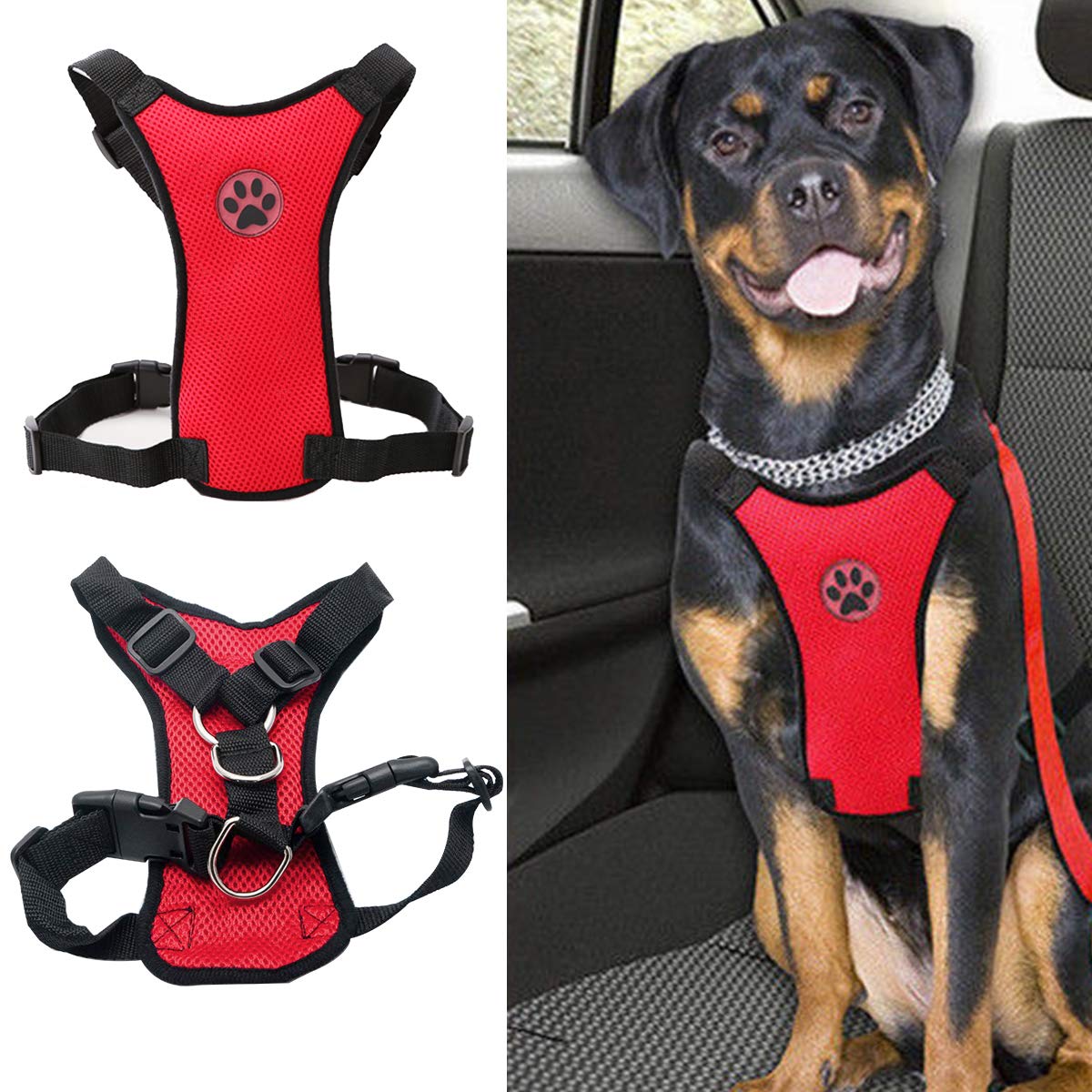 MASO Dog Safety Car Vest Harness Pet Dog Adjustable Car Mesh Harness Seat Belt Travel Strap Vest with Car Seat Belt Lead Clip for Trip, Daily Use, Road Travel Walks, etc.(M,Red)