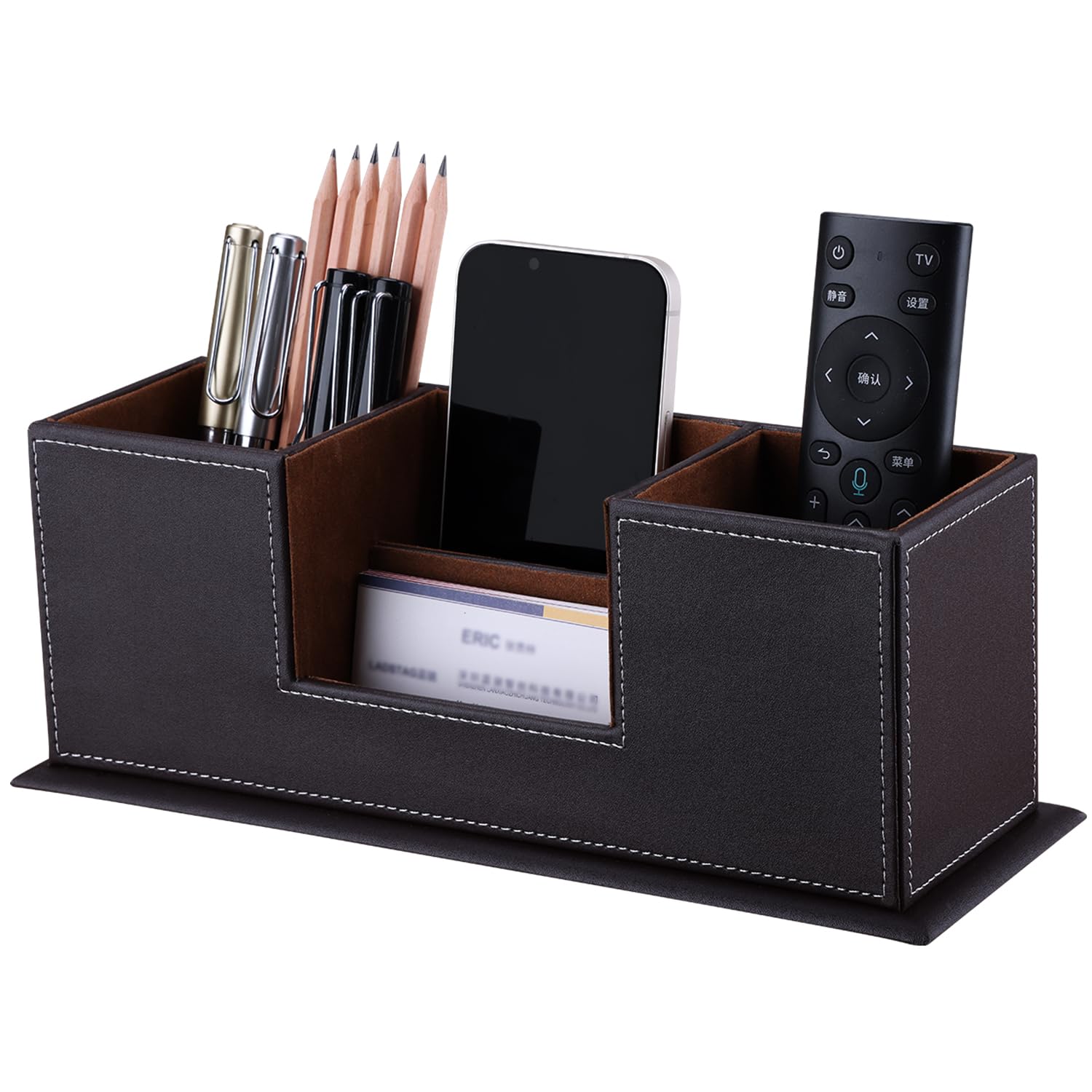 KINGFOM Desktop Organizer Tidy Multifunctional Desk Stationery Storage Double Pen Pencil Holder Office Desk Supplies Organiser Brown