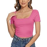 Qukayang Womens Square Neck Crop Tops Summer Short Sleeve Fitted Cute Sexy Y2k Tshirts for Teen Girl 2025 (XXS-XL)