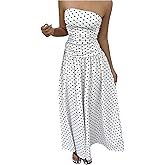 GORGLITTER Women's Polka Dots Strapless Ruffle Tube Dress Ruched Sleeveless Maxi Dresses