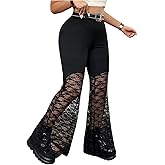 Verdusa Women's Plus Size Floral Lace Sheer Bell Bottom Pants Rave High Rise Long Flare Pants