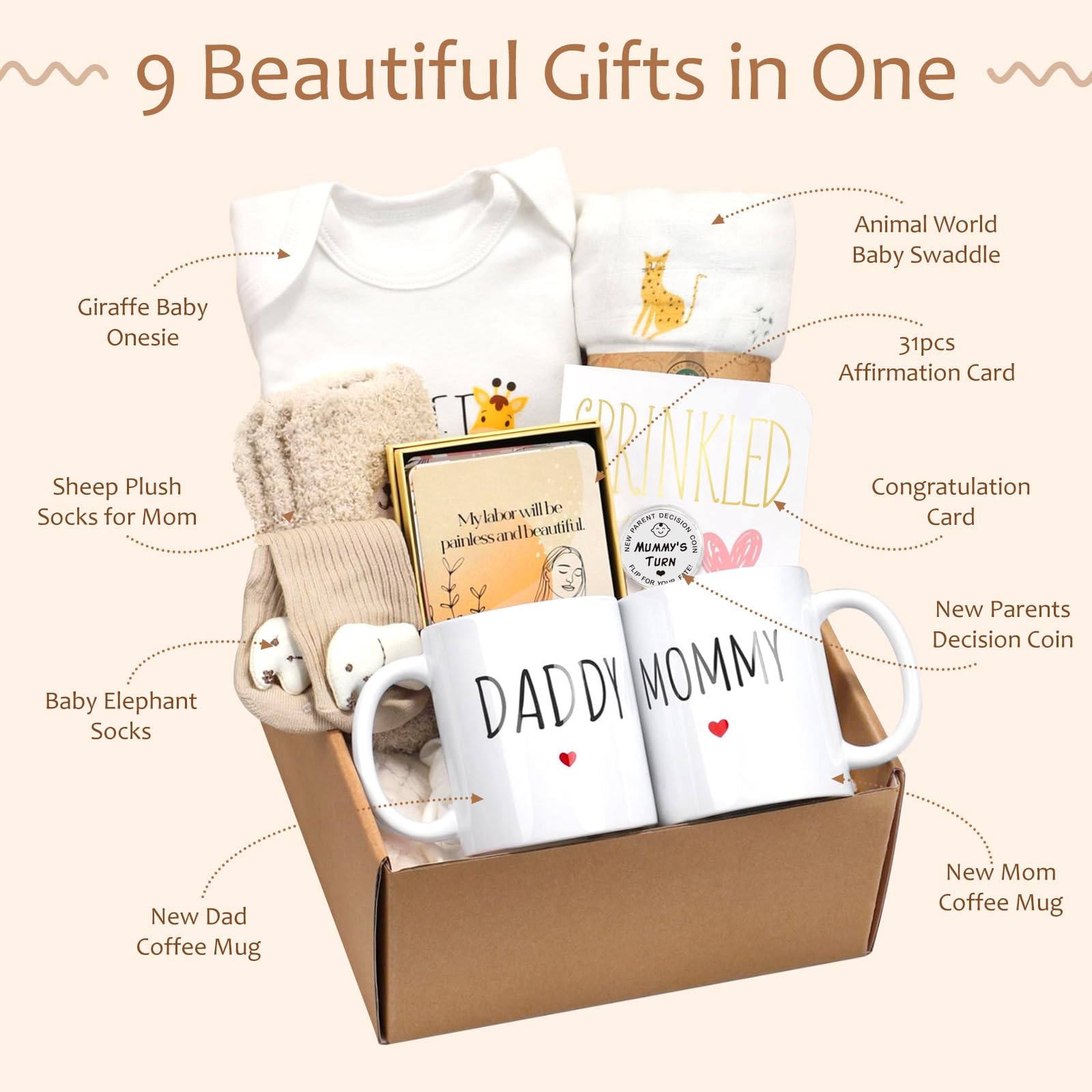 New Mom Gifts for Women, 9pcs Pregnancy Gifts for Expecting Mom, Cute Baby Gifts New Parents Gifts for Couples w/Mom and Dad Mugs for Gender Reveal Baby Shower First Time Mom to be Gifts(Khaki)