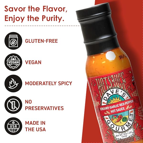 DAVE’S GOURMET CREAMY GARLIC RED PEPPER SAUCE – MEDIUM HEAT – PERFECT FOR SALADS, DIPPING, TACOS, SANDWICHES & MORE – VEGAN SAUCE, GLUTEN-FREE, NO PRESERVATIVES – 8OZ BOTTLE (PACK OF 1)