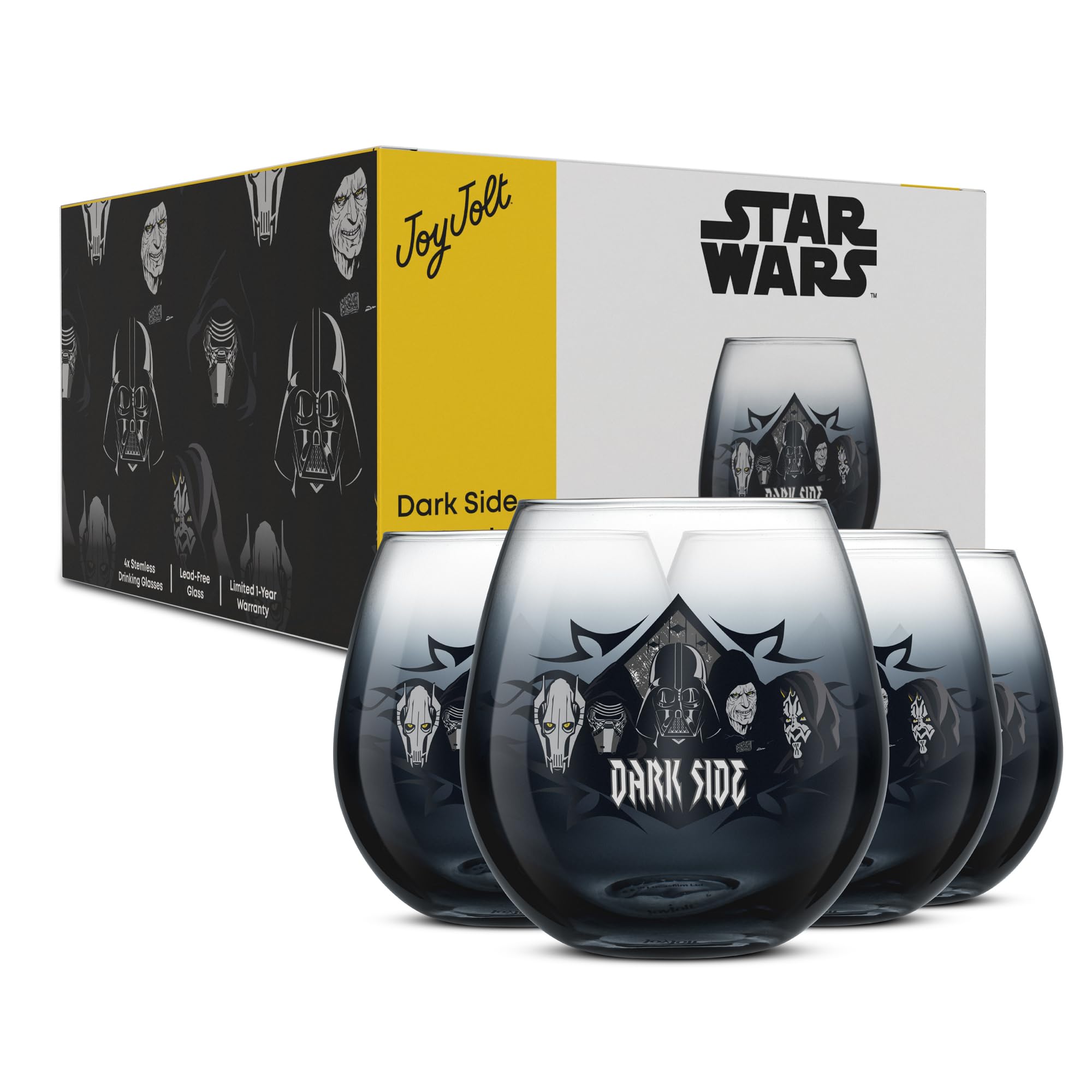 JoyJolt Star Wars Dark Side Stemless Drinking Glasses Set of 4, 15 oz Tumblers, Kitchen Glasses ft. General Grievous, Kylo Ren, Darth Vader, Emperor Palpatine, Darth Maul Image