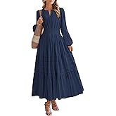 YepMoll Women's Long Sleeve Maxi Dress with Pockets Spring Fall 2026 V-Neck Flowy Casual Wedding Guest Dress Elastic Waist