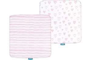 BILOBAN Square Playard/Playpen Fitted Sheets, Perfect for 36 X 36 Portable Playard, 2 Pack, 100% Jersey Knit Cotton Fitted Sheets, Mild Pink Stripes and Hearts Print for Baby Girls