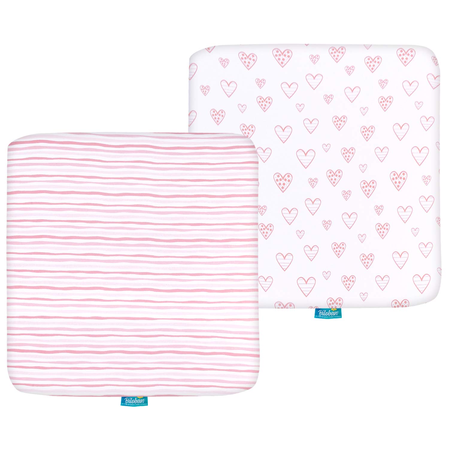 Photo 1 of Square Playard/Playpen Fitted Sheets, Perfect for 36 X 36 Portable Playard, 2 Pack, 100% Jersey Knit Cotton Fitted Sheets, Mild Pink Stripes and Hearts Print for Baby Girls
