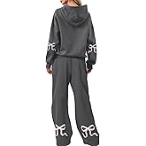 somzop Women’s Bow Graphic Two Piece Hoodie Set Oversized Fleece Sweatshirt High Waist Sweatpants Tracksuit Outfits