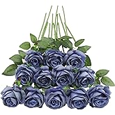 Tifuly Dusty Blue Roses Artificial Flowers - 12 Pcs Long Stem Silk Roses, Realistic Fake Roses with Stem for Bridal Bouquets, Home and Office Decor