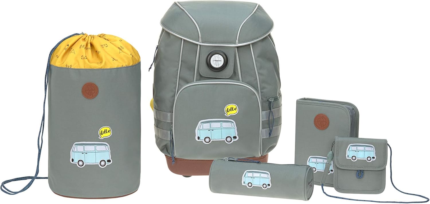 LÄSSIG Schulranzen Set mit Sporttasche, Federmäppchen, Stiftemäppchen, Turnbeutel und Brustbeutel ab 6 Jahre/School Bag Set Adventure Bus