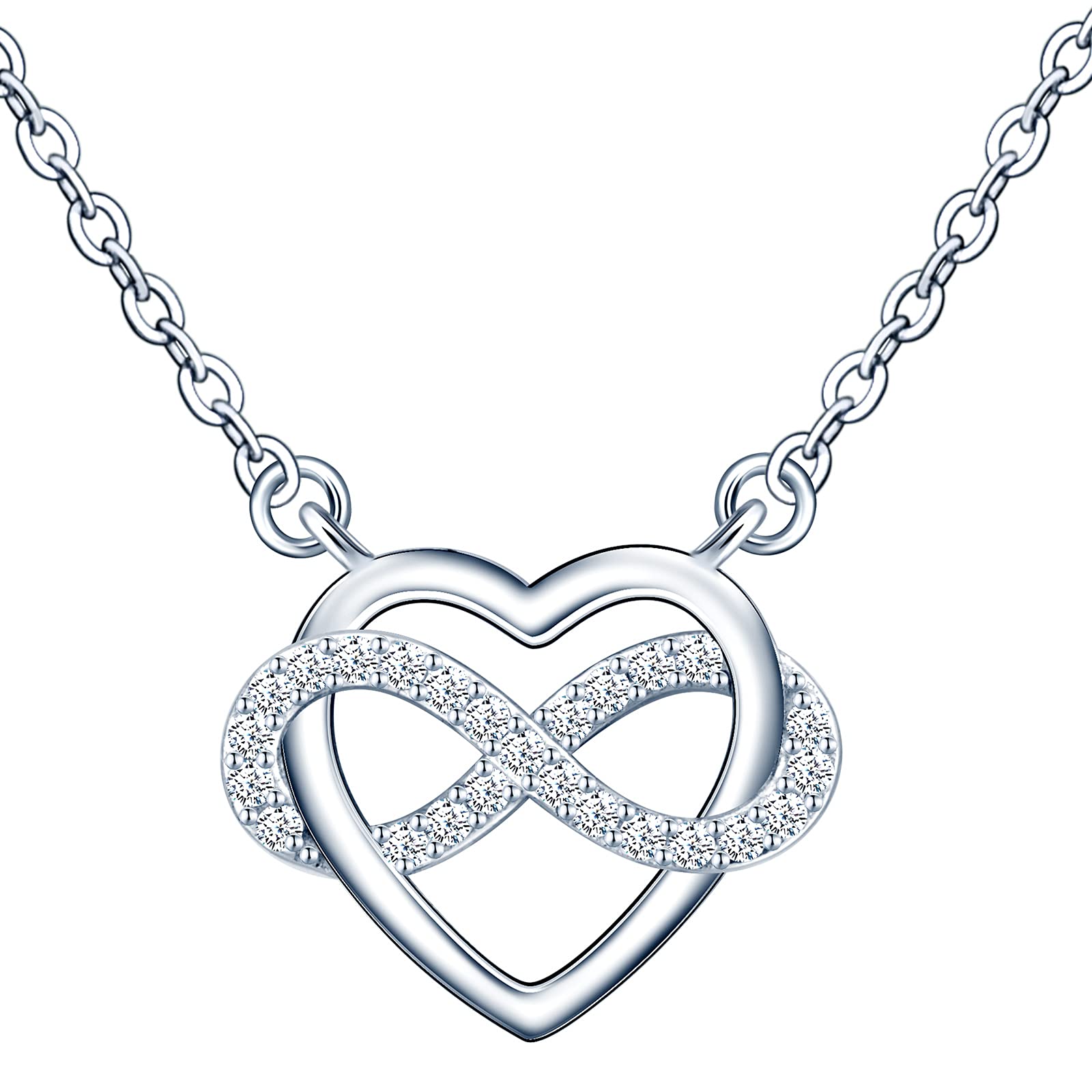 INFINIONLY Women's Girl's Necklace pendant, 925 sterling silver necklace, Heart pendant, Infinity symbol pendant, Inlaid zircon, Adjustable chain, silver