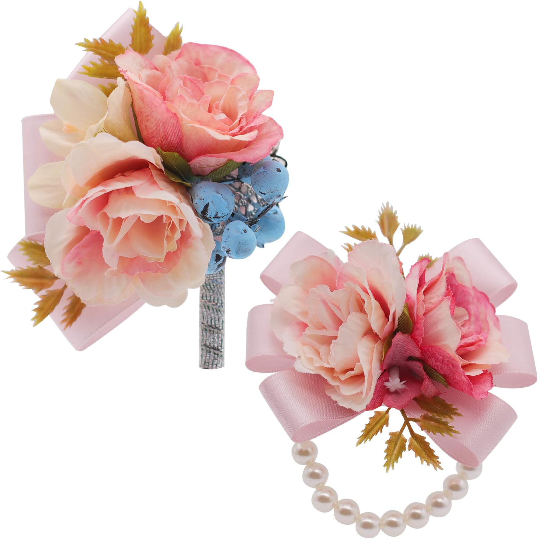 Mibest 2pcs Wrist Corsage and Boutonniere Set Ribbon Corsage Artificial Flower Pearl Wristband Poney Boutonnieres for Wedding Boutonnieres Bride Bridesmaid for Prom Party Wedding Decor (Pink)
