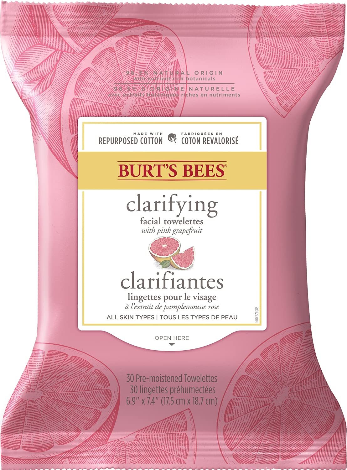 Burt's Bees Facial Cleansing Towelettes, Pink Grapefruit, 30-Count