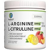 BlueEarth Company L-Arginine 5000mg + L-Citrulline 2000mg Complex Powder Supplement - Nitric Oxide Booster - Heart Health, Blood Flow, Energy & Endurance - 30 Servings (Peach Lemonade)