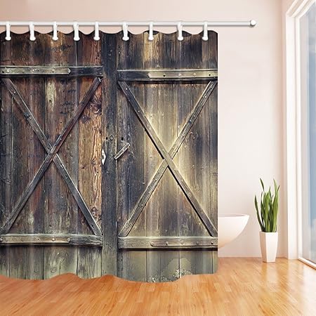 Nyngei Rustikal Holz Tur Dusche Vorhange Fur Badezimmer Scheunentor Von Farmhouse Eiche Landschaft Polyester Village Wasserdicht Bad Vorhang Vorhang Fur Die Dusche Haken Enthalten 179 8 X 179 8 Cm Amazon De Kuche Haushalt