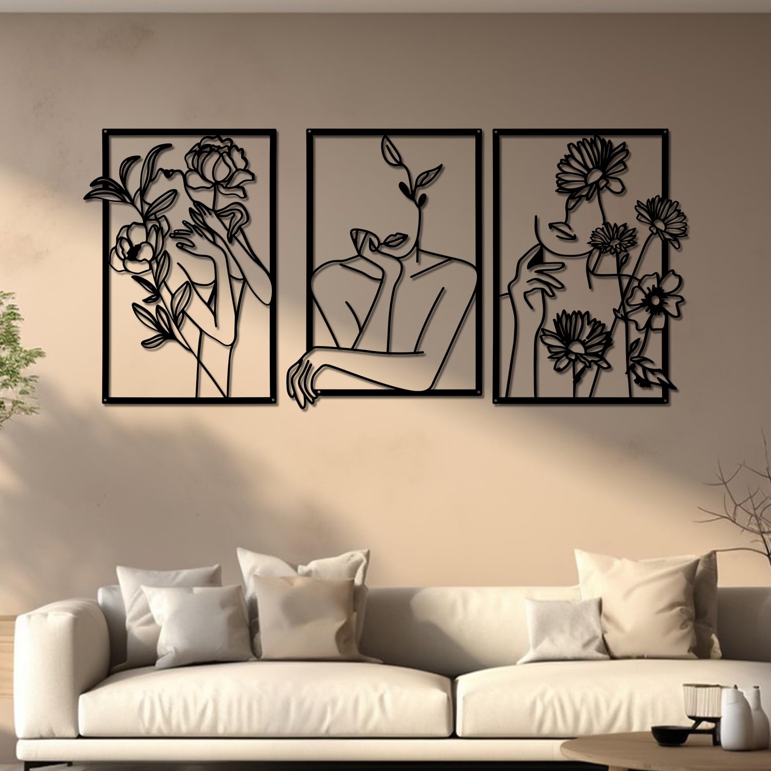 YiYa 3 Pieces Black Metal Wall Decor Hanging Single Line Wall Art Decor Abstract Minimalist Line Face Art Decor for Living Room Bedroom Bathroom Kitchen Home Party Decor — image 1