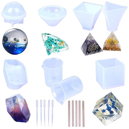 6 Stück Harzgussformen Pyramide, Diamanten, Cubic, Steinform, Kugel, dreieckige Pyramide mit 5 Tropfen und 5 Holzstäbchen 2 M