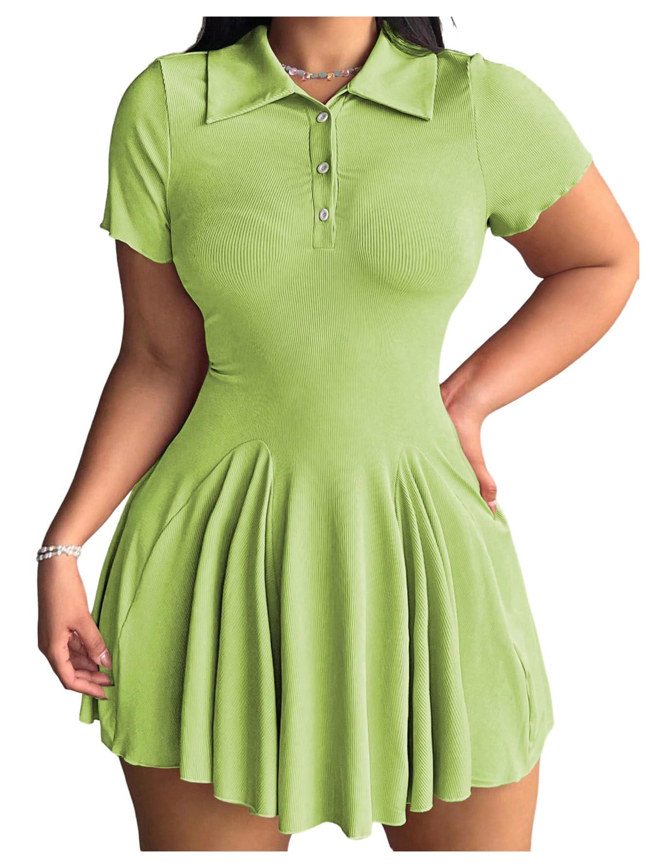 Photo 1 of RoseSeek Women's Plus Size Ribbed Knit Golf Dress Button Front Short Sleeve A Line Collared Shirt Dresses Green X-Large Plus