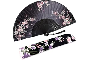 Amajiji 8.27"(21cm) Hand Held Bamboo Silk Folding Fan Hand Fan,Chinese/Japanese Charming Elegant Vintage Retro Style,Women Ladys Girls Best Gifts (Black Redbud)