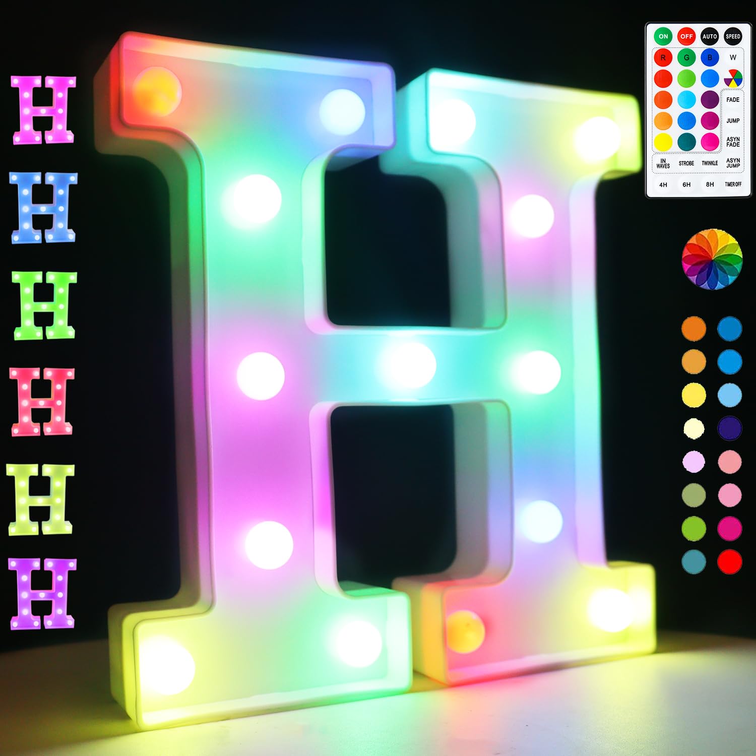 Light Up Colorful LED Marquee Letter Lights, 18 Colors Changing Alphabet Letters Sign with Remote Timer for Night Light Wedding Birthday Party Lamp Christmas Home Bar Decor- Colorful H