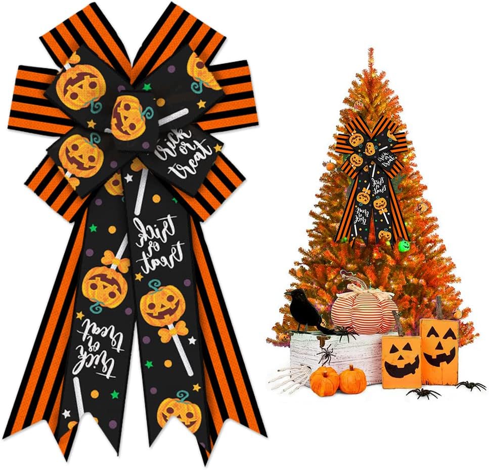 Bows & Ribbons - Large Halloween Wreath Bows, Halloween Pumpkin Bows for Wreath Orange Black Stripe Bows for Front Door Trick or Treat Candy Dot Wall Ornaments Tree Topper Bows for Halloween Home Indoor Outdoor Decor