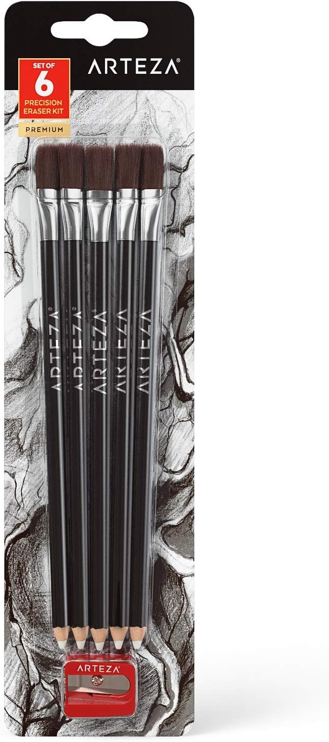 Arteza Eraser Pencil, Set of 6, Latex-Free & PVC-Free, Soft White Colour, Precision Artist Eraser Pencil with Brush and Pocket Size Sharpener, for Highlighting, Editing, & Correcting - Image 3