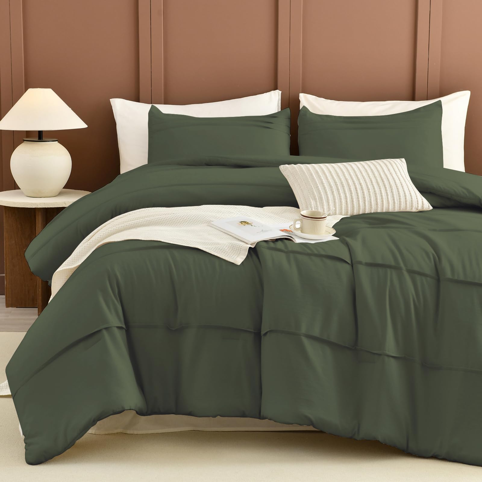 Photo 1 of Sanracie King Comforter Set(106"x 95"), Cotton Olive Green Color Pinch Pleated Bedding Sets,3Pcs Lightweight Breathable Neutral Comforter Sets for All Season