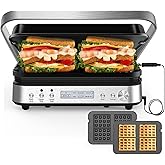 CATTLEMAN 6 in 1 Panini Press Grill with Removable Waffle Plates, 1600W | Panini Grill Press Sandwich Maker, Indoor Grill, Waffle Maker, Reversible Nonstick Plates, Meat Probe, Stainless Steel