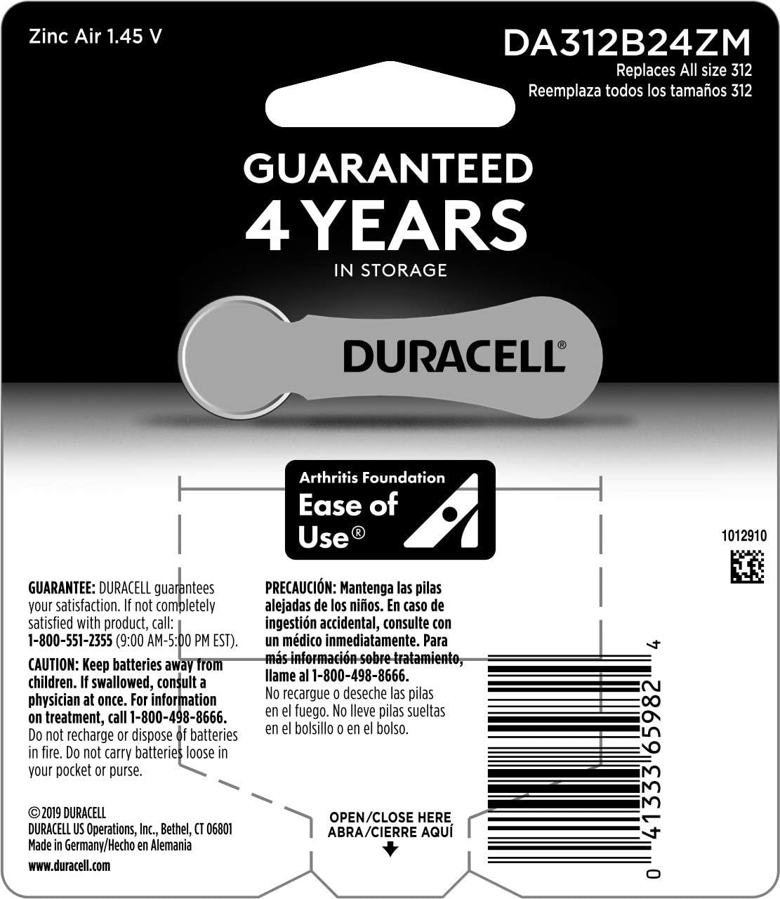 Duracell - Hearing Aid Batteries Size 312 (brown) - long lasting battery with EasyTab for ease of installation - 24 count: Health & Personal Care
