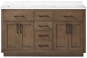 OVE Decors Athea 60" Double Undermount Sink Bathroom Vanity with Cultured Marble Countertop, Backsplash, Power Bar, in Almond Latte Finish