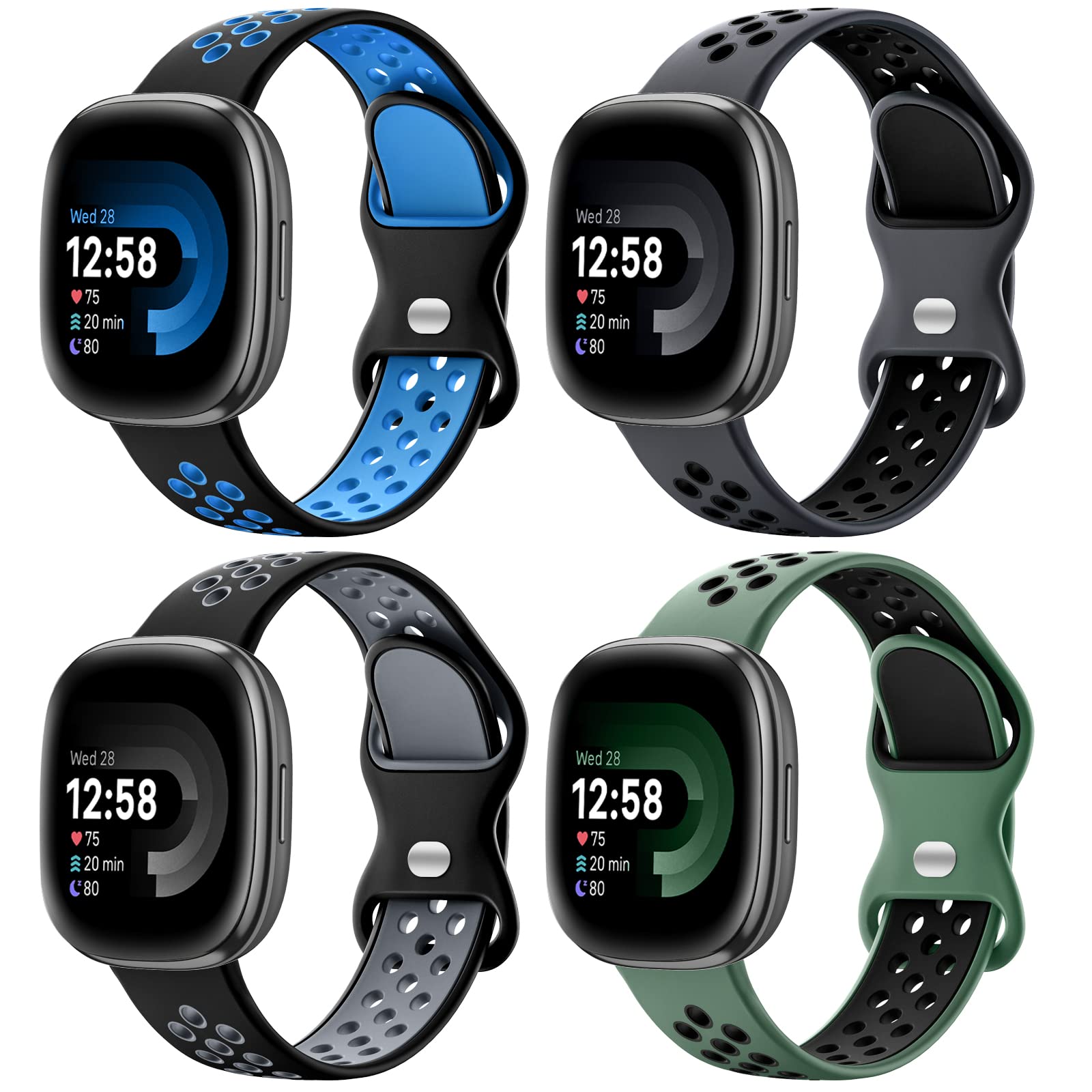 Maledan Stylish Sport Band Compatible for Fitbit Versa 3/4/ Sense/Sense 2 Bands Women Men, Soft Silicone Strap Wristband Replacement for Fitbit Versa 3/ Sense Smart Watch Bands, Large
