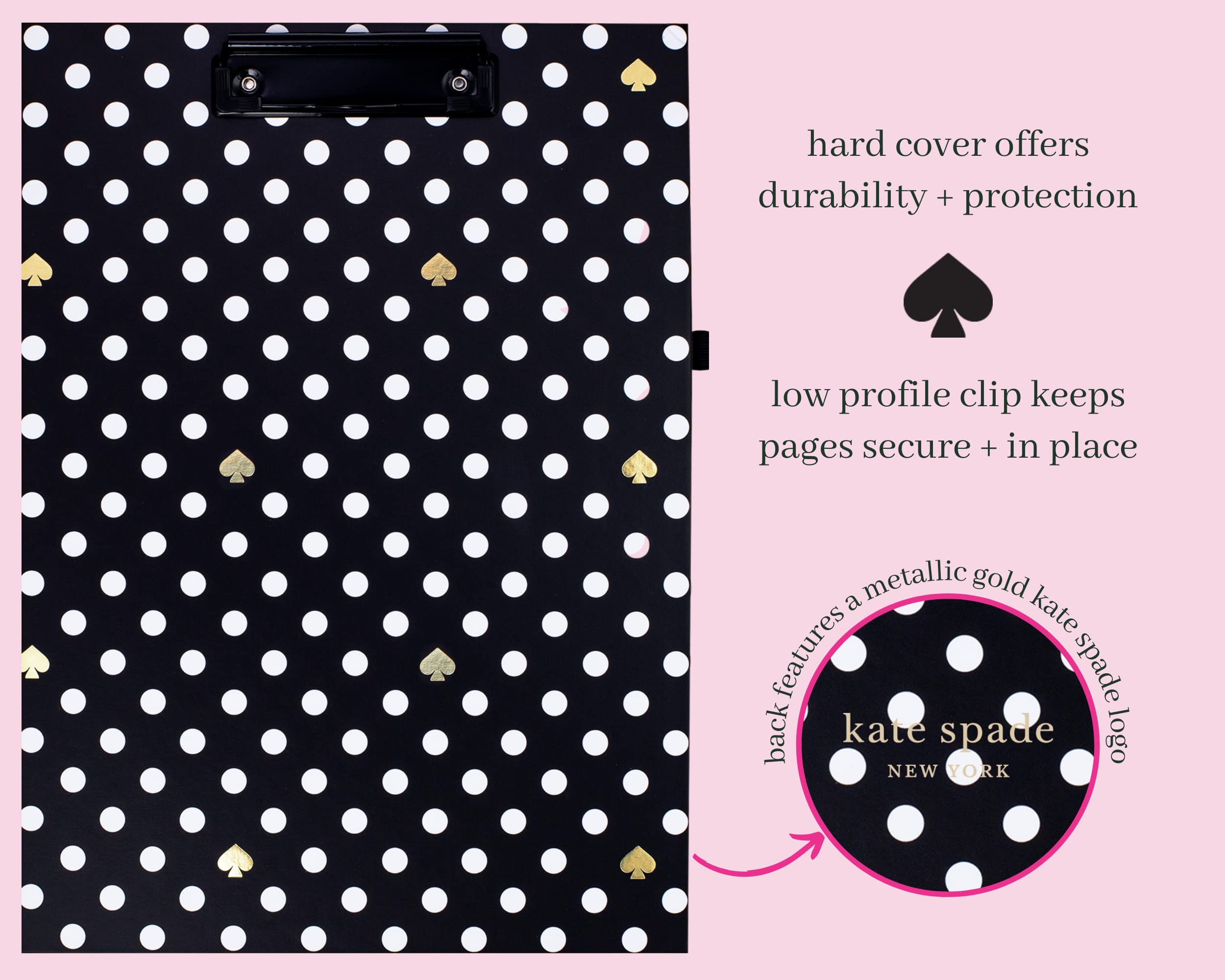 Kate Spade New York A4 Clipboard Folio with Low Profile Clip, Black Professional Padfolio Includes Lined Notepad, Pen Loop, and Pocket, Polka Dots