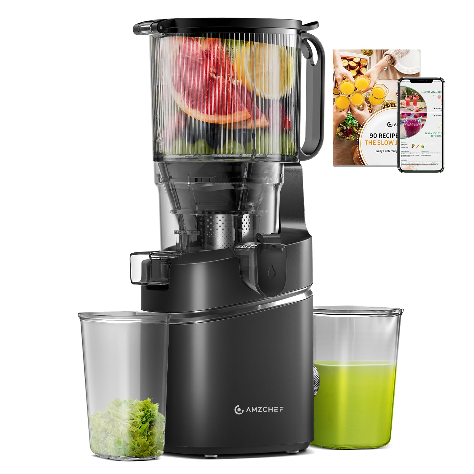 AMZCHEF Juicer Machines, 5.8" Extra Self-Feeding Cold Press Juicer for Whole Vegetable & Fruit, Juice Extractor Machine with Large Auger & Triple Strainers, Easy to Clean, High Juice Yield, Black