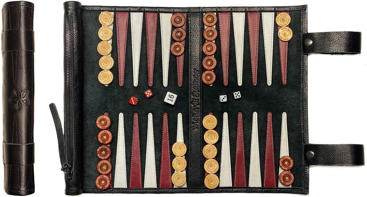 Melia Games Backgammon - Travel Backgammon Set - Genuine Nubuck Leather - Hand-made Boxwood Checkers - Colour: Black
