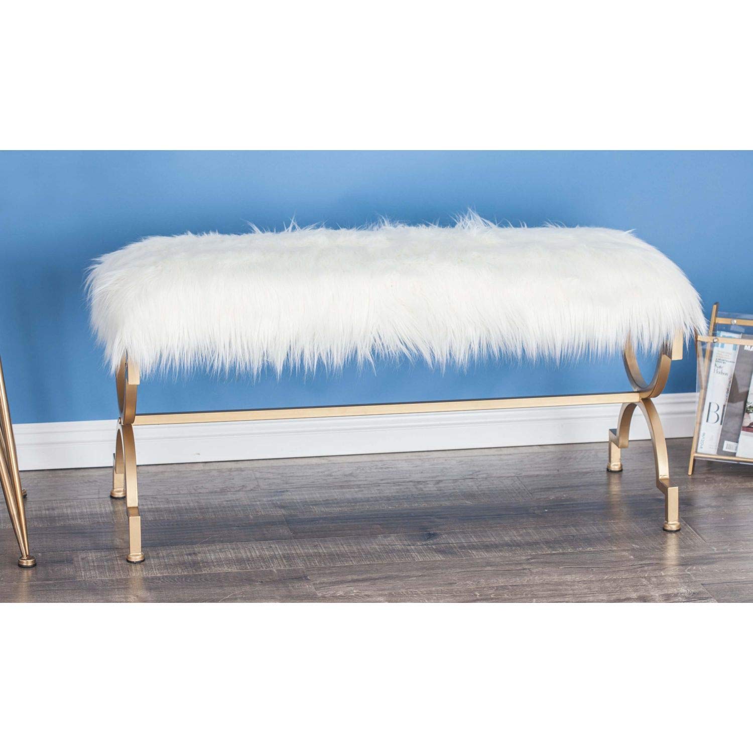 Deco 79 84283 Contemporary Gold White Faux Fur Cushion Bench with Quatrefoil eBay