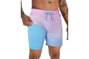 BOJIN Men's Swim Trunks with Compression Liner 5.5 Inch Inseam Bathing Suits Quick Dry Beach Board Shorts with Zipper Pockets