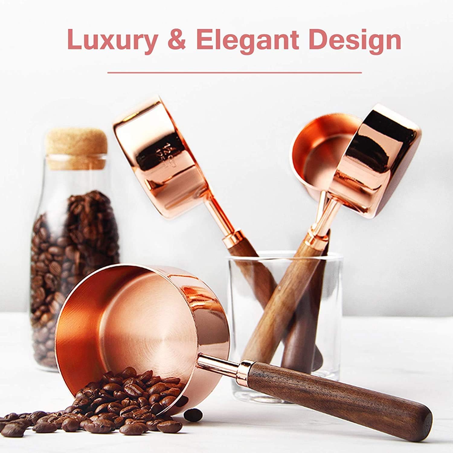 Fesino 8 Pcs Measuring Spoons and Cups Tool Set, Dual Scale Unit, Walnut Handle, Mirror Polished for Dry/Liquid Ingredients Kitchen Cooking Baking Set: Kitchen & Dining