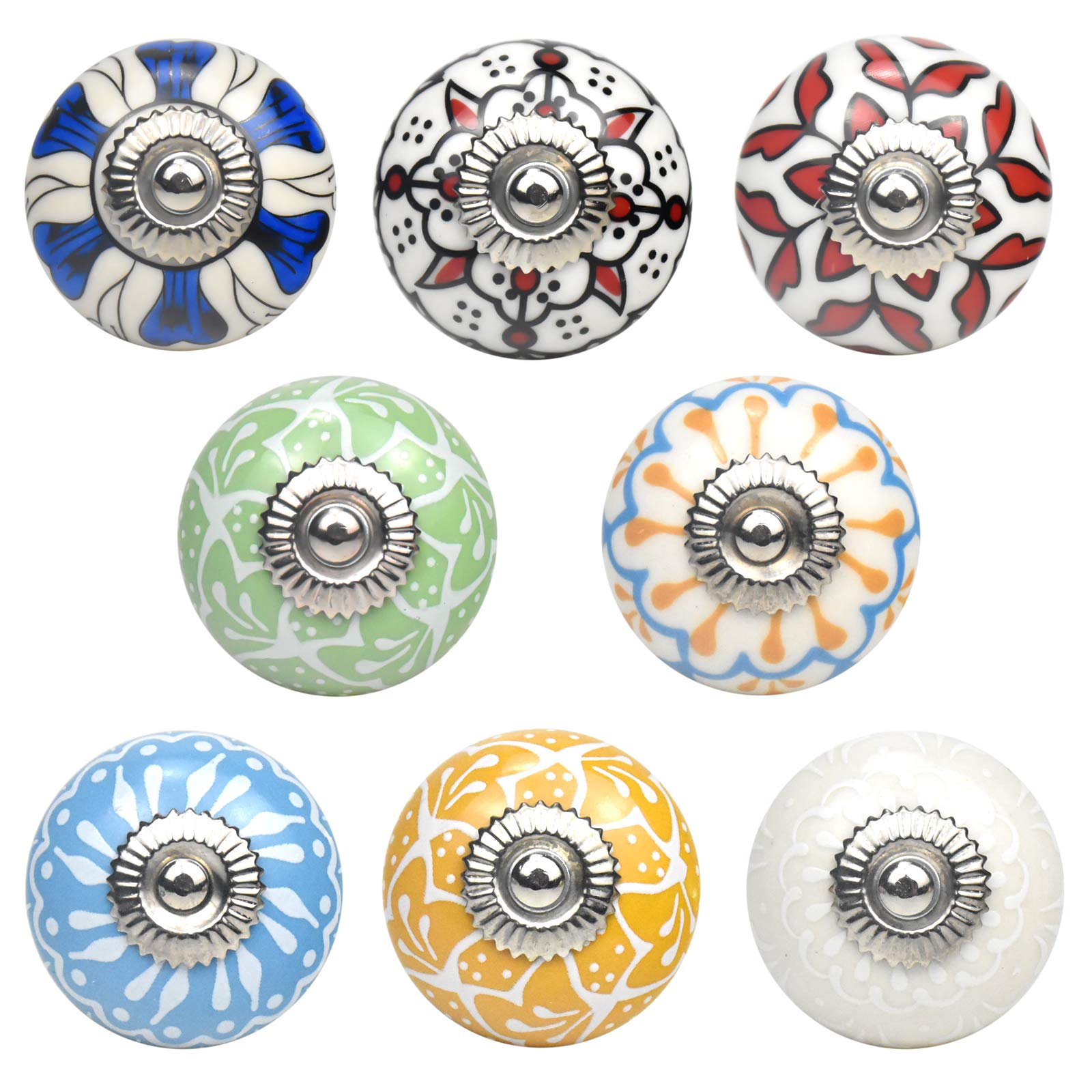 AvoDovA Ceramic Knob, 8 Pcs Vintage Handles for Cabinets, Drawers, Kitchen, 40mm, Round, Hand Painted, Includes Screws, Nuts and Washers, Blue, White, Green, Red