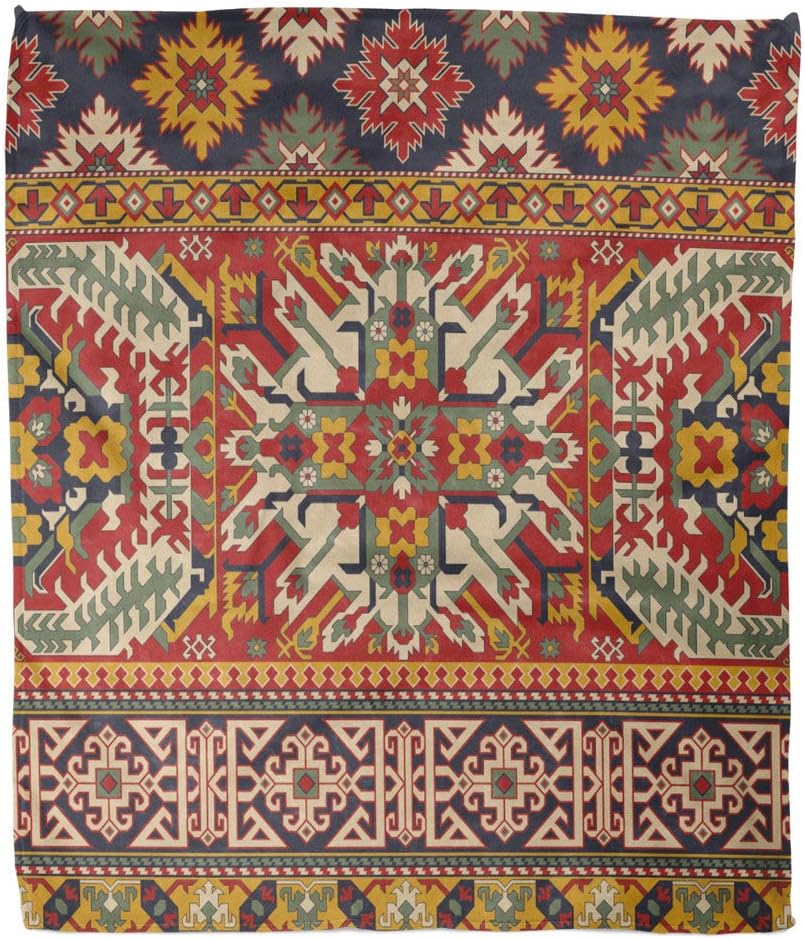 Suninapril Throw Blanket Flannel 60 X 80 Inches Caucasian Style Antique Rug Motifs Patchwork Border Paisley for Couch Sofa Bed Comfortable Warm Cozy Print Luxury Suitable for All Season