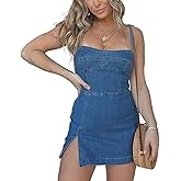 SOMTHRON Women's Tie Shoulder Denim Mini Dress Sleeveless Side Slit Smocked Bodycon Short Jean Dress