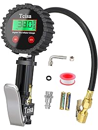Tcisa Tire Inflator with Pressure Gauge - Digital Heavy Duty 200 PSI Air Pressure Gauge with Brass Air Chuck Valve Extender Rubber Air Hose Quick-Connect Fitting