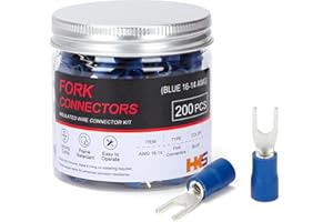 HKS 200PCS Insulated Fork Spade Wire Connectors - Blue 16-14 AWG M5 Stud Size #6 - Tinned Red Copper - U-Type Electrical Crimp Terminals
