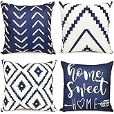 RYSMIYOU Decorative Throw Pillow Covers 18x18 inch Set of 4 Blue Pillow Covers for Couch Sofa Bed Living Room,Farmhouse Outdoor Throw Pillow Cover,Modern Geometric Linen Square Throw Pillow Cases