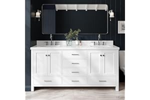 ARIEL Cambridge White Double Sink Bathroom Vanity 73" with 1.5" Edge Pure White Quartz Countertop & Splash, Rectangle Sink, 4 Soft Closing Door, 6 Full Extension Dovetail Drawers, Matte Black