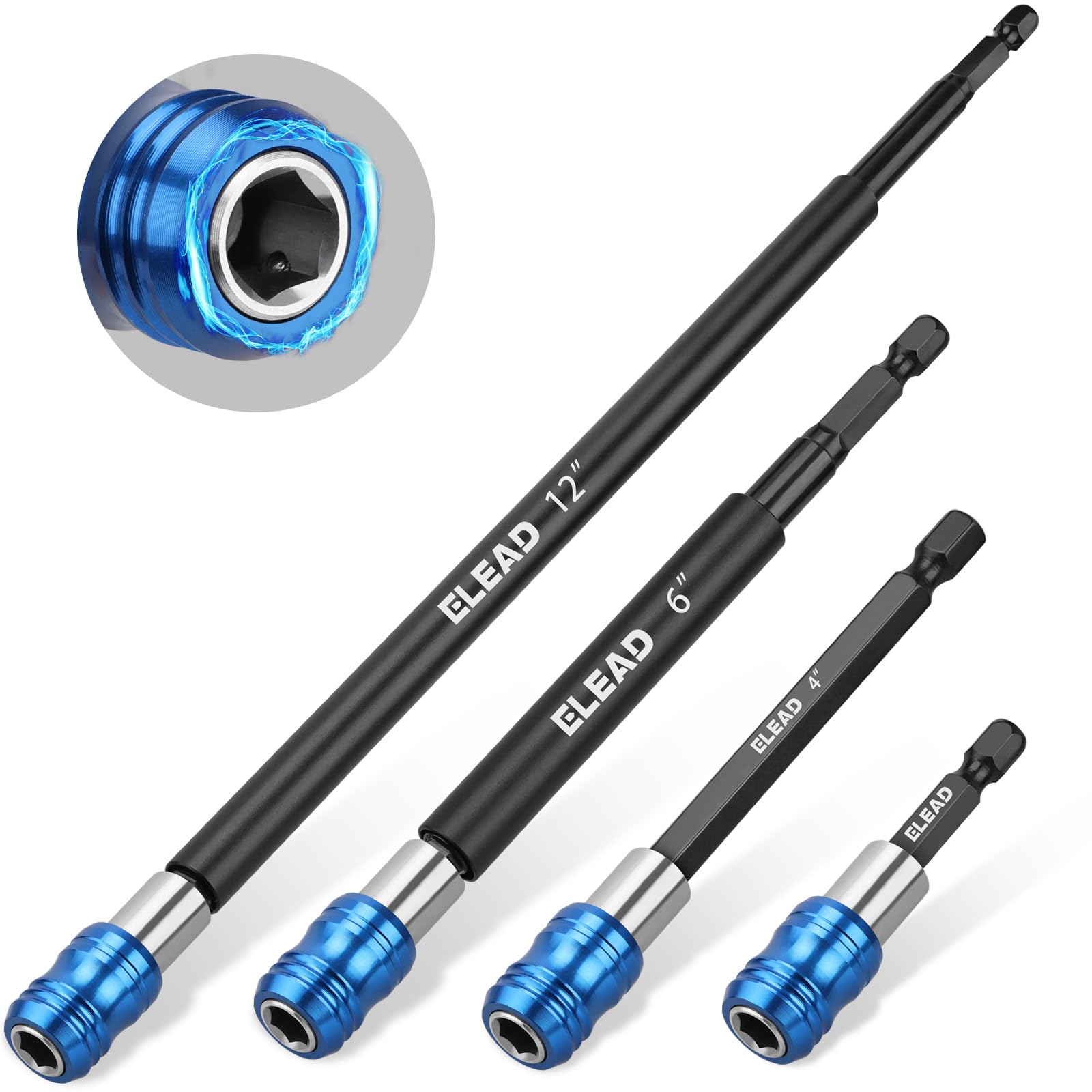 Photo 1 of ELEAD Drill Bit Extension Set, 4-Piece Magnetic Drill Screwdriver Bit Holder Extender with Aluminum Sleeve, 1/4 Inch Hex Shank Quick Release Extension Adapter, 2-3/8", 4", 6", 12" Long