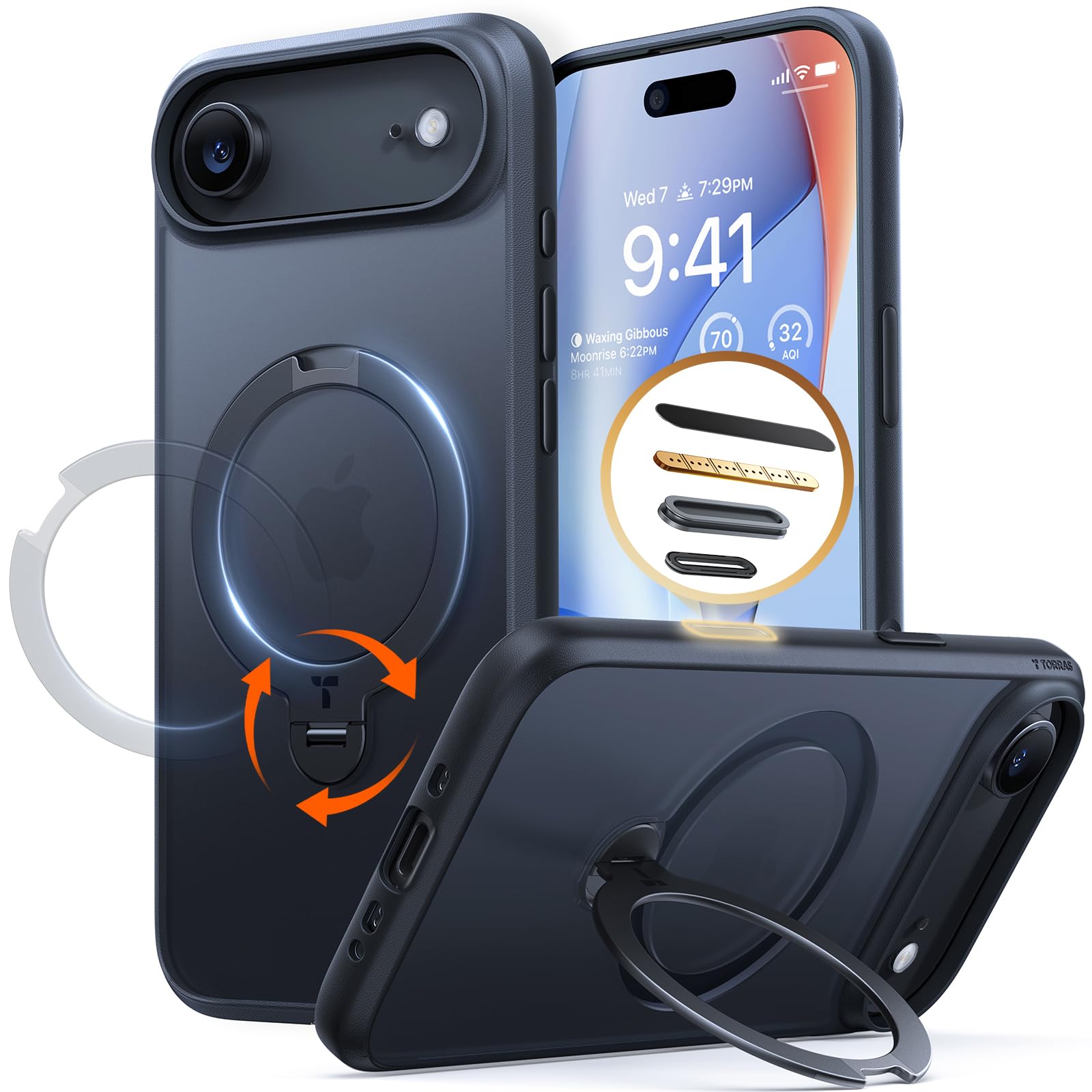 Photo 1 of TORRAS Q3 Spin for iPhone Air Case, Patented 360 Magnetic Stand, Fit for MagSafe, Built-in Ring Holder Kickstand, Rugged Military-Grade Protective Case for iPhone 17 Air, Camera Control Button, Black