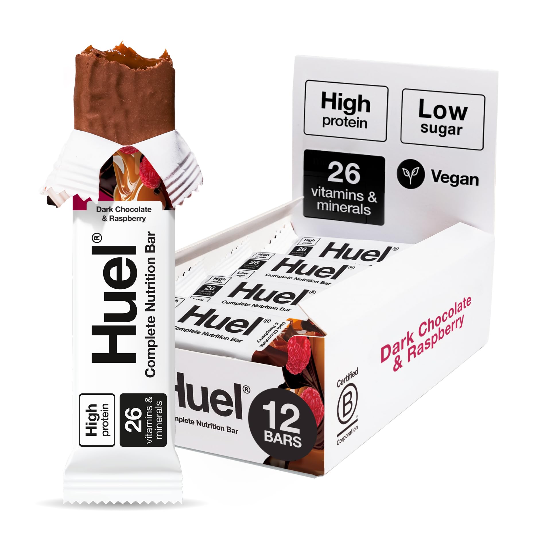 Huel Complete Nutrition Bar, 12 x 51g Bars, Dark Chocolate Raspberry, High Protein Bar, Plant-Based Protein Bars, Low Sugar, High Fibre, High-Protein Snack with Vegan Chocolate, Under 200 Calories